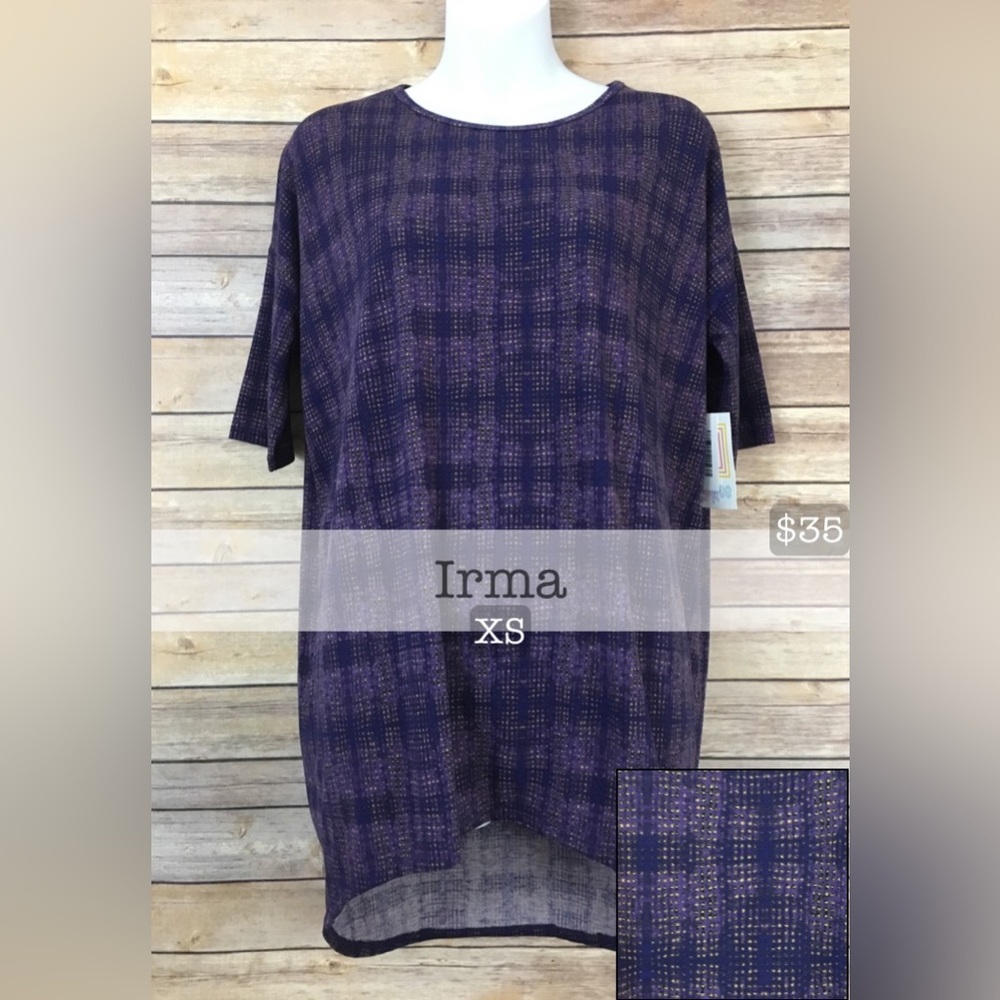 NWT Lularoe XS Irma Purple Pattern Hi Lo Tunic Shirt Top LLR NEW